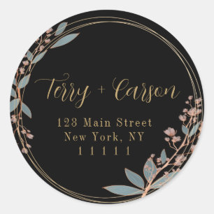Black Gold Floral Round Return Address Label 