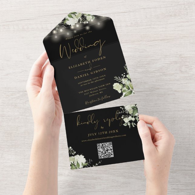 Black Gold Floral String Lights QR Code Wedding All In One Invitation (Tearaway)