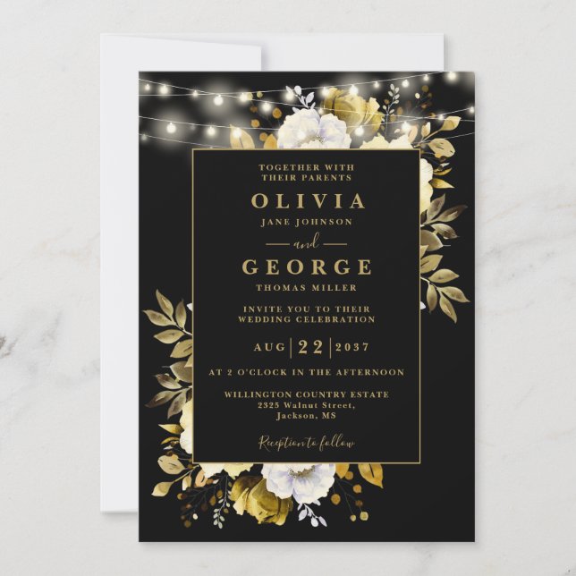 Black Gold Floral String Lights QR Code Wedding Invitation (Front)