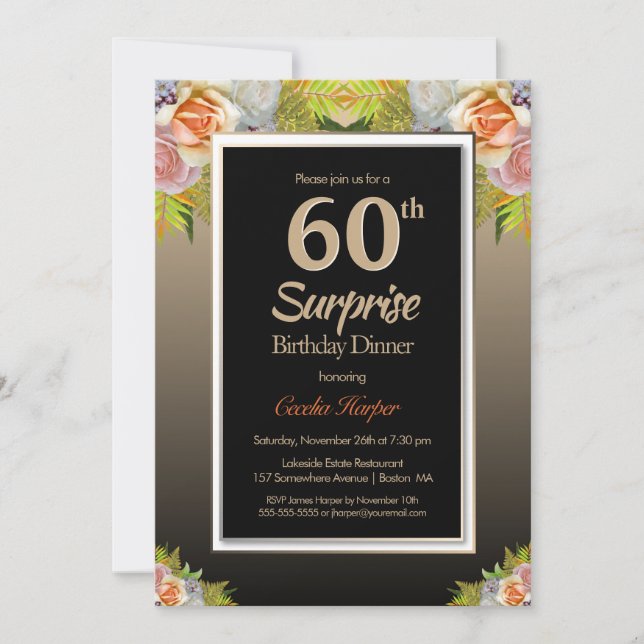 Black Gold Floral Surprise 60th Birthday Dinner Invitation (Front)