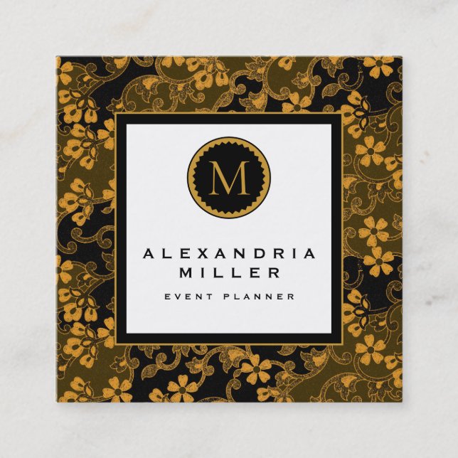 Black & Gold Floral Tapestry | Monogram Medallion Square Business Card (Front)