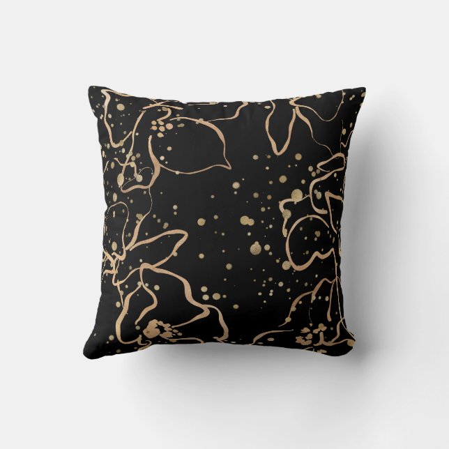 Black Gold Floral Throw Pillow (Back)