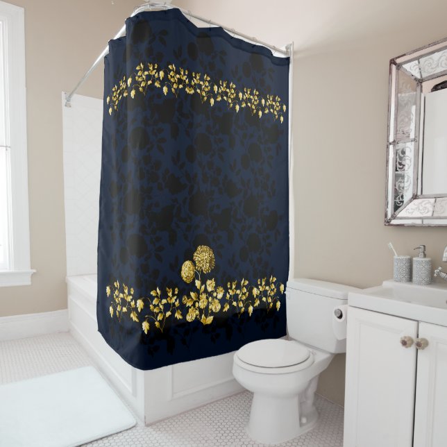 Black Gold Floral Toile On Navy Blue (In Situ)