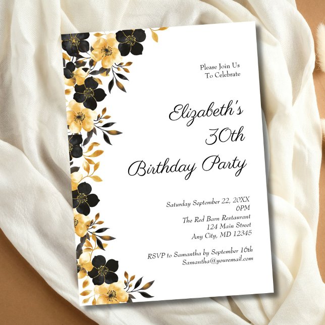 Black Gold Floral Watercolor 30th Birthday Party Invitation (Black Gold Floral Watercolor 30th Birthday party invitation)