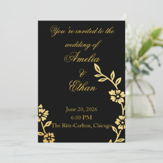 Black & Gold Floral Wedding Invitation | Elegant