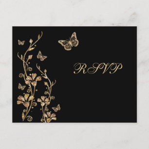 Black, Gold Floral with Butterflies Reply Card