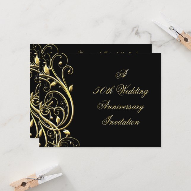 Black Gold Flourish 50th Anniversary Invitation (Front/Back In Situ)