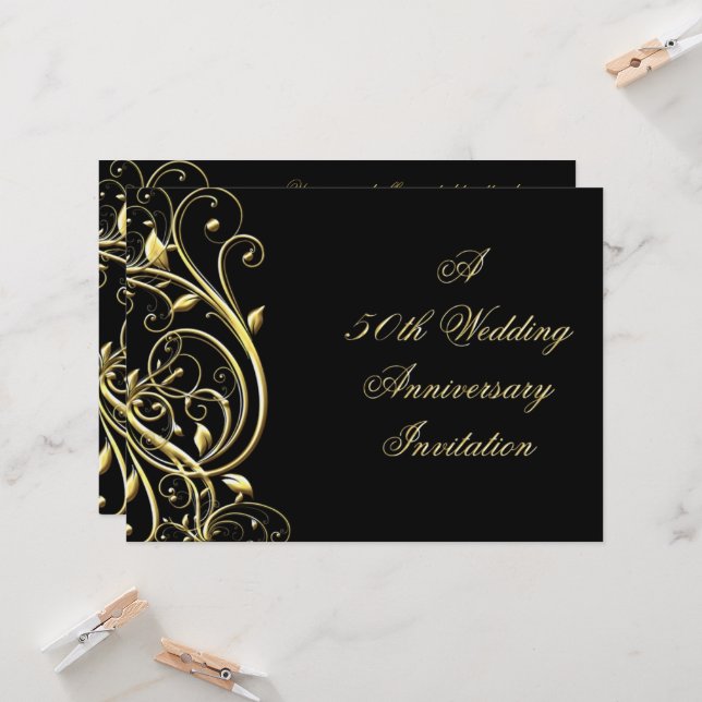 Black Gold Flourish 50th Anniversary Invitation (Front/Back In Situ)