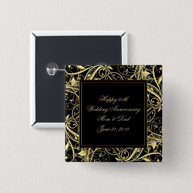 Black Gold Flourish 50th Wedding Anniversary 2 Inch Square Button (Front & Back)