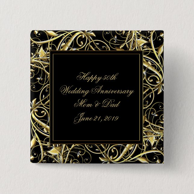 Black Gold Flourish 50th Wedding Anniversary 2 Inch Square Button (Front)