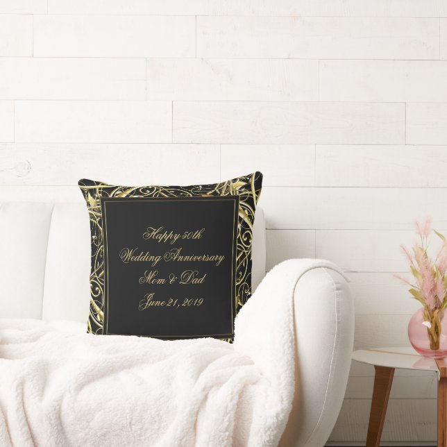 Black Gold Flourish 50th Wedding Anniversary Throw Pillow (Couch)
