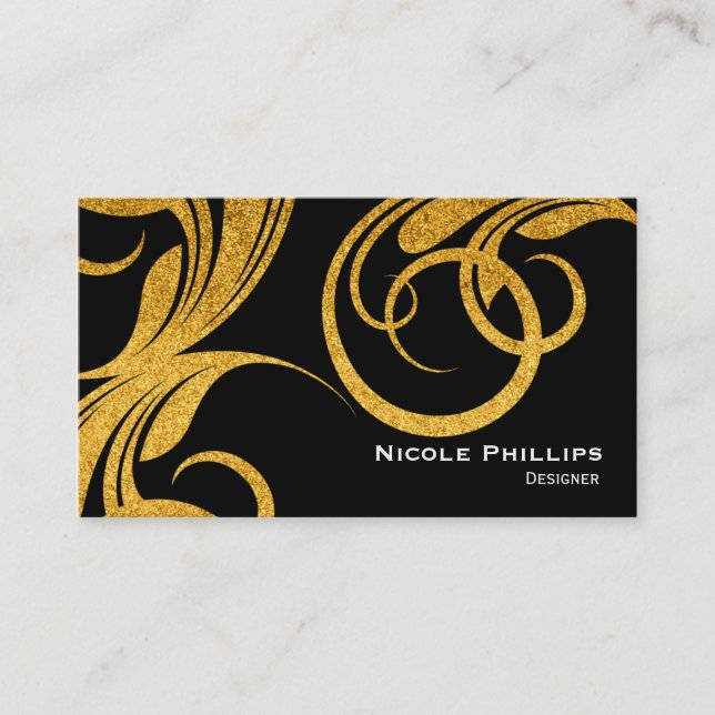 Black & Gold Flourish Swirl Chic Business Card (Front)