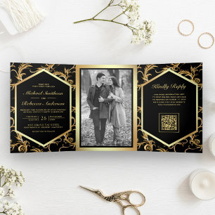 Black Gold Flourish Swirl Photo QR Code Wedding Tri-Fold Invitation