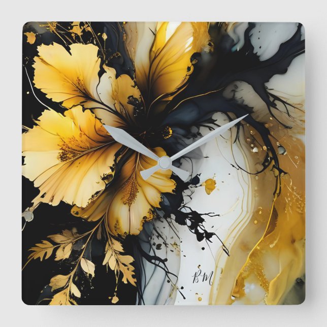 black gold flower marble square wall clock (Front)