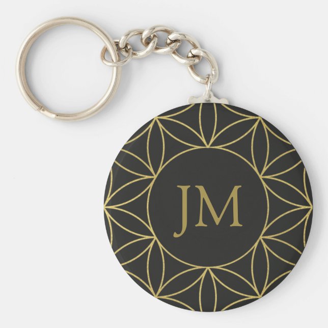 Black & Gold Flower of Life Monogram Keychain (Front)