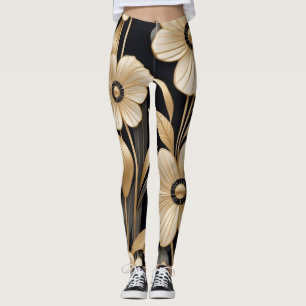 Black Gold Flowers Leggings Fashion