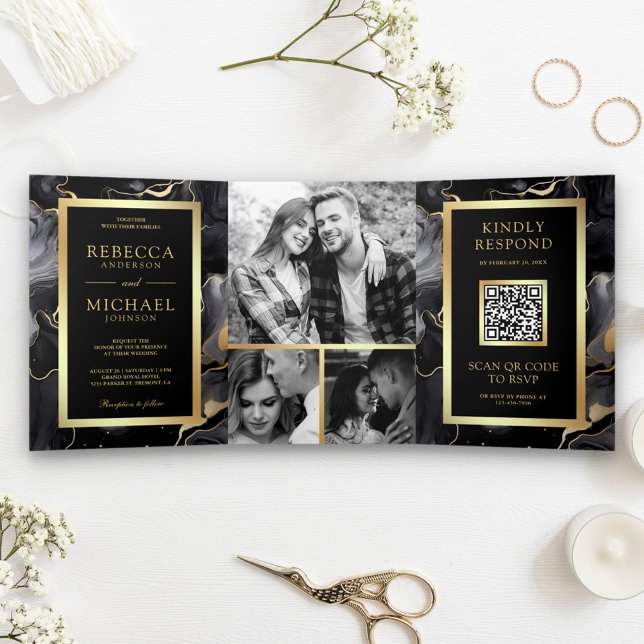 Black Gold Fluid Ink QR Code Wedding Tri-Fold Invitation (Creator Uploaded)