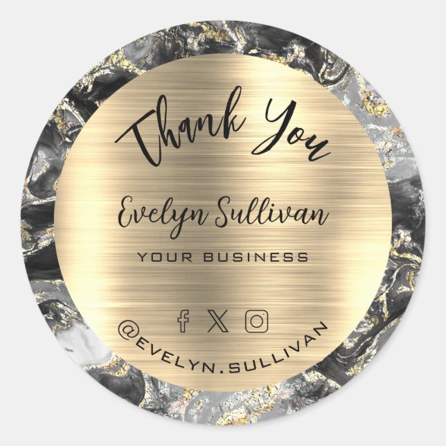 Black Gold Fluid Marble Thank You Classic Round Sticker (Front)