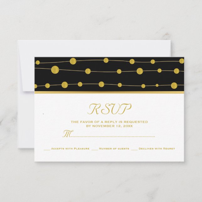 Black gold foil beads & stripe modern wedding RSVP (Front)