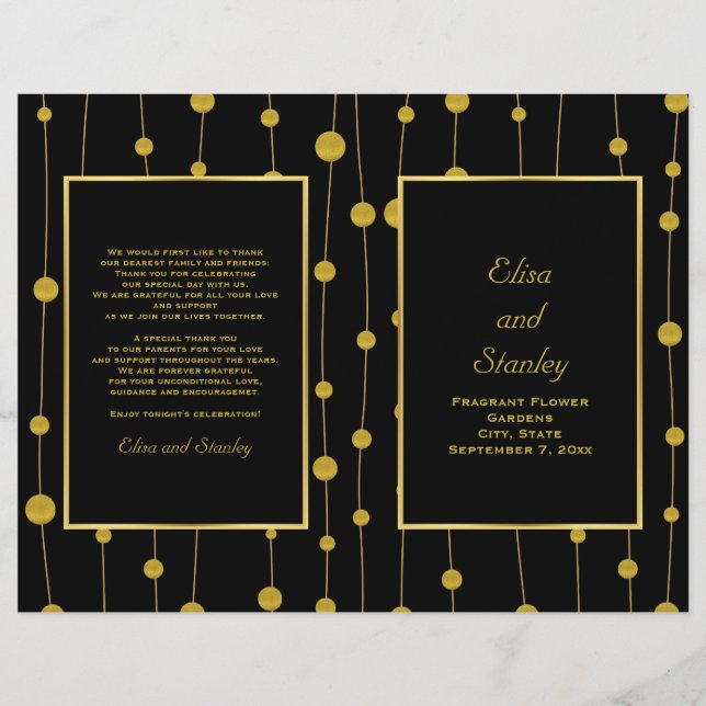 Black, gold foil beads wedding folded program (Front)