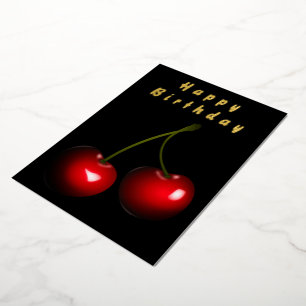 Black Gold Foil Birthday Card with Red Cherry