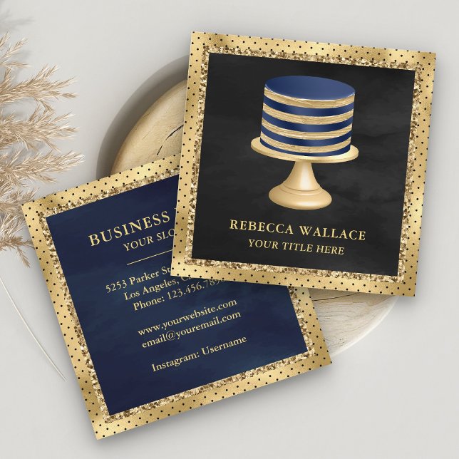 Black Gold Foil Custom Navy Blue Cake Bakery Square Business Card (Creator Uploaded)