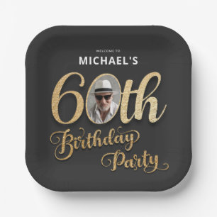 Black Gold Foil Custom Photo 60th Birthday  Paper Plate
