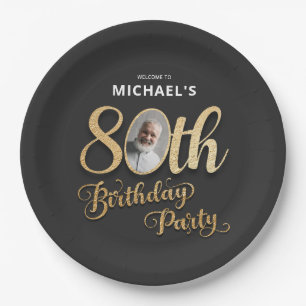 Black Gold Foil Custom Photo 80th Birthday  Paper Plate
