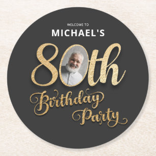 Black Gold Foil Custom Photo 80th Birthday  Round Paper Coaster