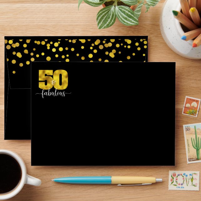 Black gold foil dots 50th fabulous birthday glam envelope (Desk)