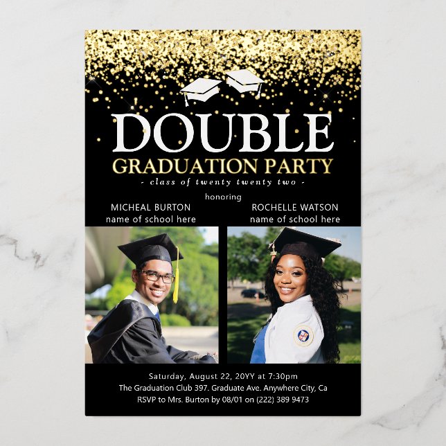 Black & Gold Foil Double Graduation Party Photo (Front)