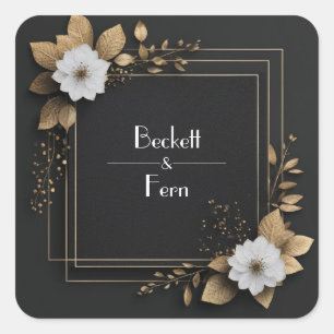 Black Gold Foil Floral Square Geometric Wedding Sticker
