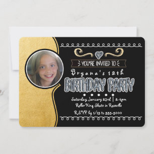 Black & Gold Foil Girls Birthday Photo Invitations