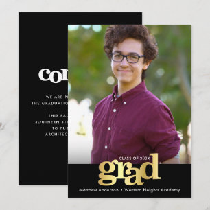 Black gold foil graduation photo modern typography announcement