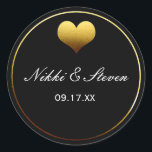 Black & Gold Foil Heart Round Sticker Label Favour<br><div class="desc">Black & Gold Foil Heart Round Sticker Label Favours. Customize with any text.</div>