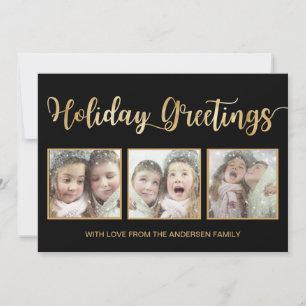Black & Gold Foil Holiday Greetings 3 Photo Card