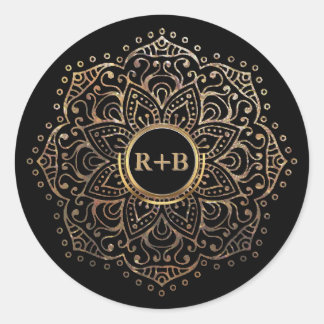 Black Gold Foil Mandala Boho Wedding Favour Classic Round Sticker