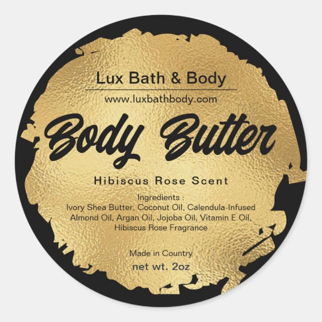 Black Gold Foil Modern Luxury Round Product Labels (Front)