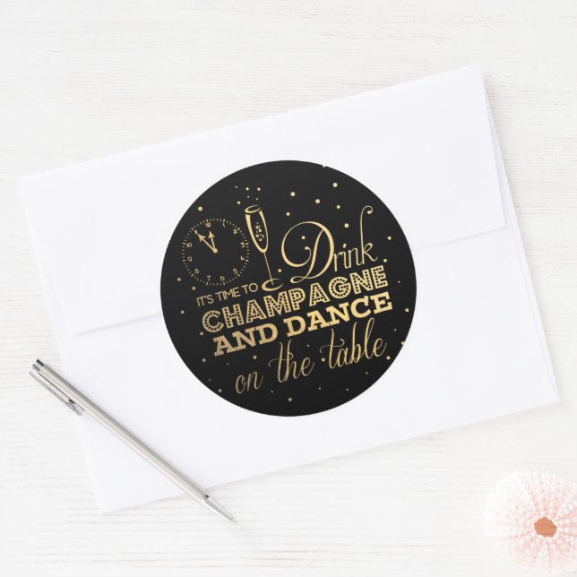 Black/Gold Foil New Year's Eve Classic Round Sticker (Envelope)