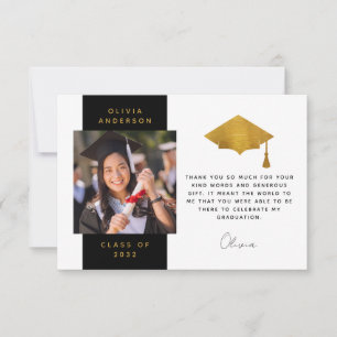 Black Gold Foil Photo Graduation Cap Thank You Card