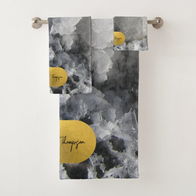 Black Gold Foil Sea Crystals Signature Script  Bath Towel Set (Insitu)