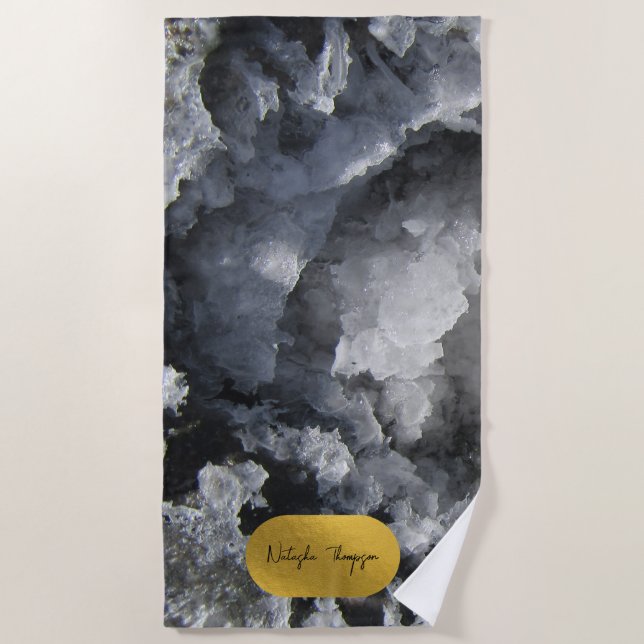 Black Gold Foil Sea Crystals Signature Script  Beach Towel (Front)