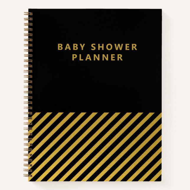 Black Gold Foil Stripes Modern Baby Shower Planner Notebook (Front)
