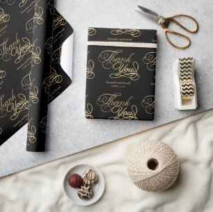 Black & Gold Foil Thank You Calligraphy Wedding Wrapping Paper