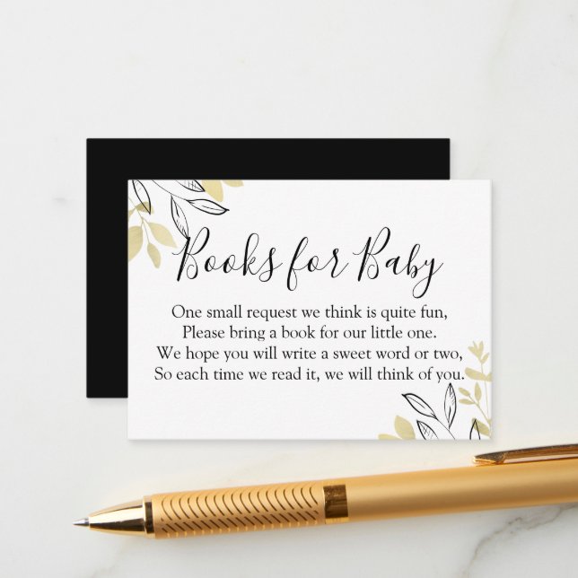 Black & Gold Foliage Baby Shower Book Request Enclosure Card (Front/Back In Situ)