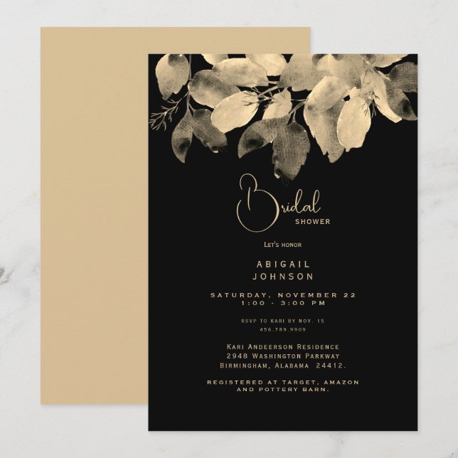 Black & Gold Foliage Bridal Shower  Invitation (Front/Back)