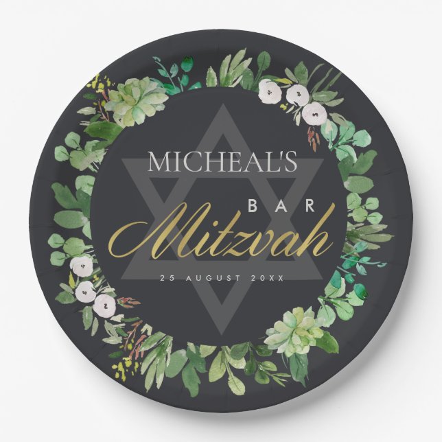 BLACK GOLD FOLIAGE WREATH STAR BAR BAT MITZVAH PAPER PLATE (Front)