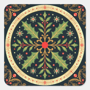 Black & Gold Folk Art Christmas Holly Square Sticker