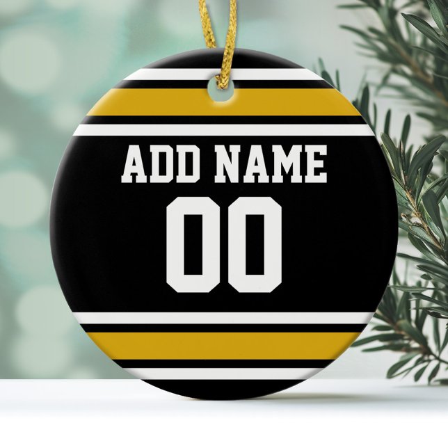 Black Gold Football Jersey Custom Name Number Ceramic Ornament (Personalized Christmas Ornament - Football Sorts Jersey Stripes)