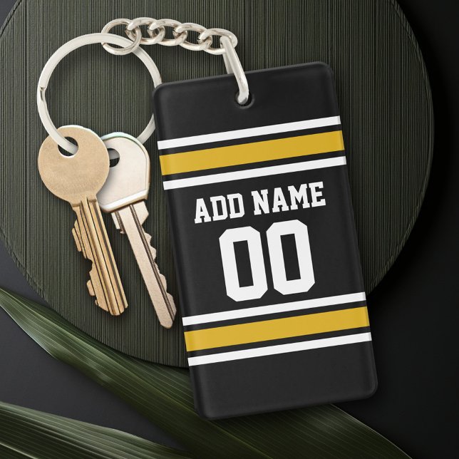 Black Gold Football Jersey Custom Name Number Keychain (Personalized Keychain - add a monogram or name)